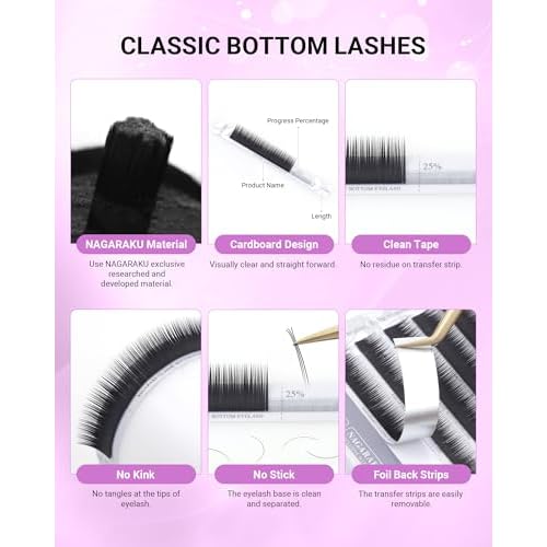 NAGARAKU Eyelash Extensions Classic J B C D N LC LD L DD CC LB Curl 0.03-0.20 Thickness 5-17mm, Matte Black Individual Lashes Professional Supplies for Lash Techs (0.10-J 5-8mm Mix Bottom Lashes)