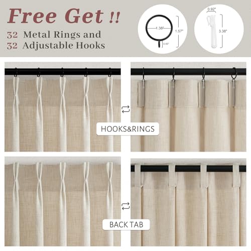 Natural Pinch Pleated Linen Curtains 96 Inches Long - Set of 4, Light Filtering, Rustic Sheer Drapes, Back Tab Design