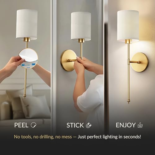Set of 2 Wireless Wall Sconces with Rechargeable LED Bulbs - Vintage Gold Finish