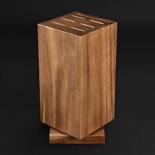 Rotating Magnetic Knife Block with Steak Knife Slots - Natural Acacia Wood, 360° Rotation
