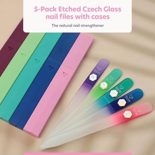 Bona Fide Beauty Czech Glass Nail File Set - 5 Reusable Manicure Files with Hard Cases