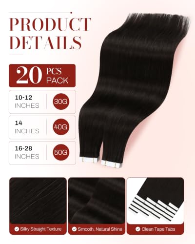 Moresoo Darkest Brown 18 Inch Human Hair Tape-In Extensions, 20 Pieces, 50g, Variant #1-2