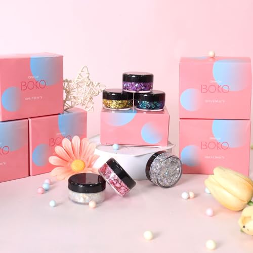 Boko 6pcs Body Glitter Gel, Sparkle Pink Chunky Glitter Gel for Face Hair Body Glitter Makeup, Mermaid Face Glitter Sequins for Festival Music Concert Party Themed Makeup Rave Accessories