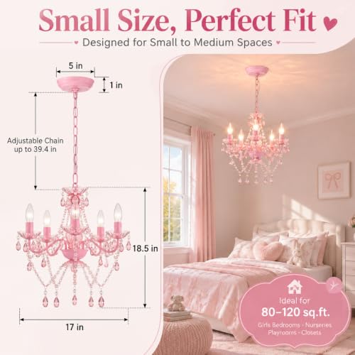 Pink Crystal Chandelier for Girls Bedroom - 5-Light Ceiling Fixture, Adjustable Height