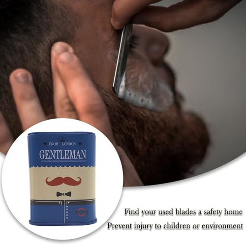 Safety Razor Blade Disposal Case, Used Double Edge Razor Blade Disposal Container, Gentleman Style Detachable Razor Blade Bank with Red Beard Pattern for Salon and Barber Shop (Blue)