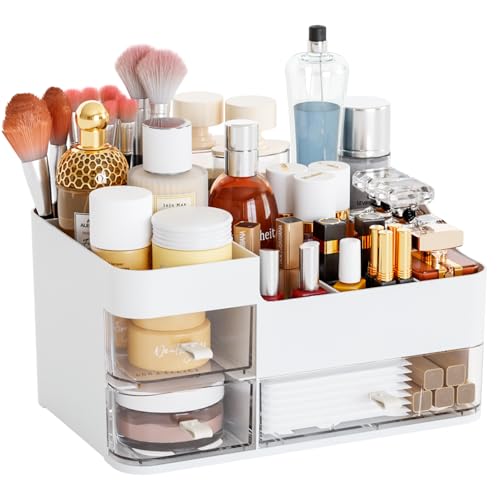 Cq Acrylic White Large Makeup Organizer with 3 Drawers – Countertop Storage for Beauty Products, Brushes, Palettes