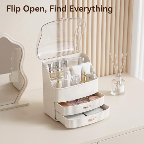 Makeup Organizer Countertop with Lid and 2 Drawers - White, Large Capacity