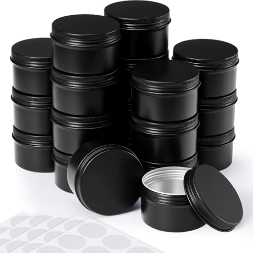 Black Aluminum Refillable Tin Cans 24 pcs 4 oz with Labels - Food & Spice Storage