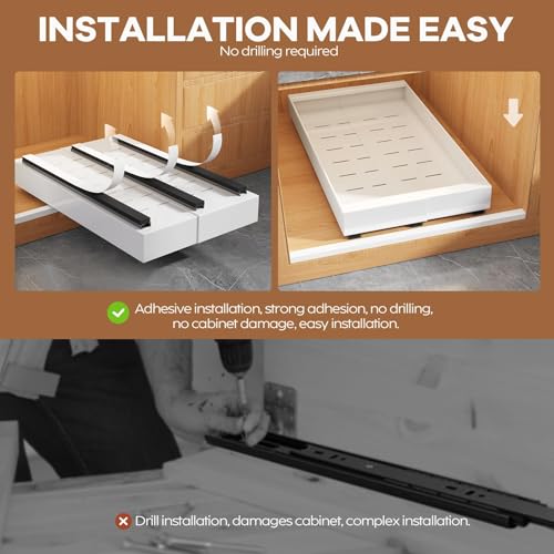 Seinloes 2 Pack Expandable Pull Out Cabinet Organizer 9-14 inches White, 21-inch Deep, No-Drill, Kitchen Storage