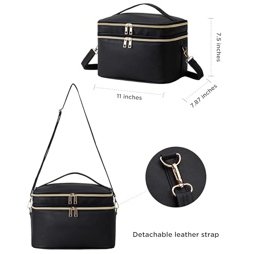 HBlife Extra Large Double Layer Travel Makeup Bag Portable Leather Cosmetic Bag Make Up Bag Makeup Case Organizer Toiletry Bag for Women Girls with Handle, Removable Divider and Shoulder Strap (Black)
