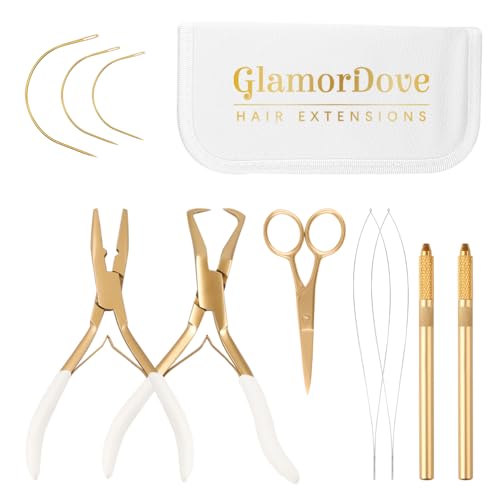 GlamorDove Gold Hair Extension Tool Kit with Microlink Pliers & Beading Needles - 2 Pcs