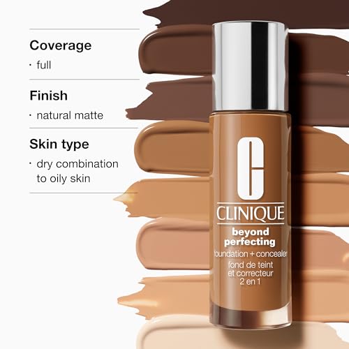 Clinique Beyond Perfecting Lightweight Liquid Foundation + Concealer For Dry Combination to Oily Skin Types | Full Coverage + Natural Matte Finish, Cream Chamois, 1 Fl Oz