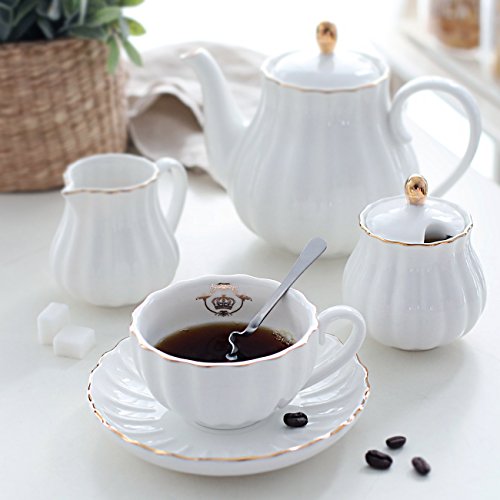White Porcelain Royal Tea Set for 6 with Teapot Sugar Bowl & Strainer - 8 OZ Cups