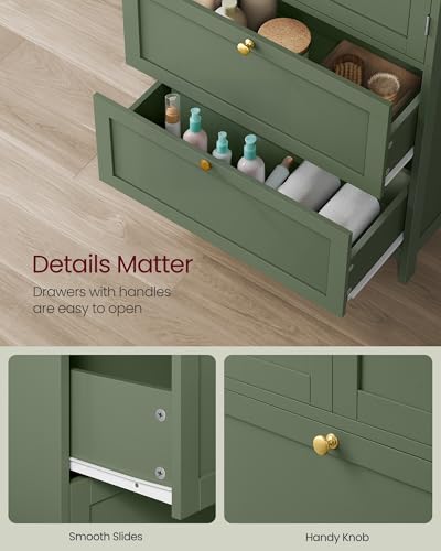 VASAGLE Bathroom Floor Cabinet with 2 Doors & 2 Drawers - Forest Green, Adjustable Shelves