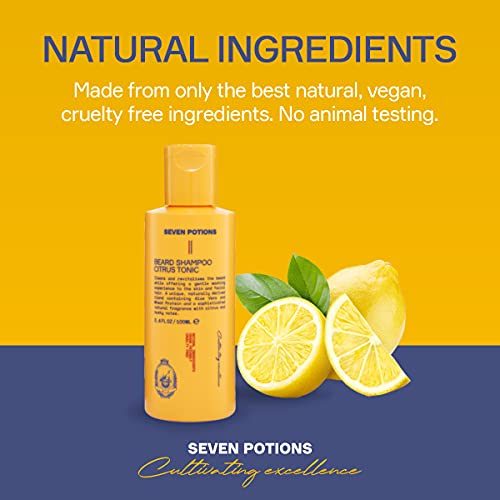 SEVEN POTIONS Beard Shampoo for Men - Gentle Cleansing Wash for a Fresh, Itch-Free Beard - Natural, Vegan Formula (Citrus Tonic, 3.4 Fl Oz)