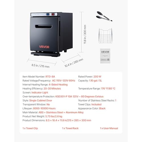 VEVOR Hot Towel Warmer, 5L Small Towel Warmer Cabinet with Clip & Stainless Steel Rack, Holds up 8-12 Towels, Portable All-Round Heating Cabinet for Spa, Barber, Manicures, Massage, Salon, Black
