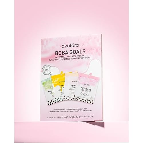 Avatara Boba Goals 4-Pack Variety Hydrogel Mask Set, Rose Boba, Matcha Boba, Mango Boba & Lychee Boba | 1.05 fl. oz / 30 g