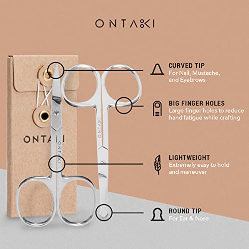ONTAKI 3 Scissors pack - 1 German Beard & Mustache Scissors With Comb - 2 Facial Grooming Nose Hair Scissors - (1 Curved Blade Tip & 1 Safety Blunt Rounded Tip)