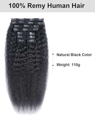 Kerriana Kinky Straight Clip-In Hair Extensions 18 Inch Natural Black - Yaki Texture, 8pcs 110g