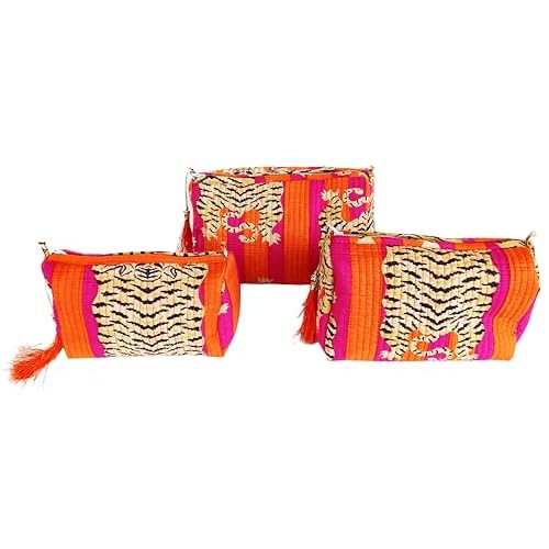 Rastogi Handicrafts Cosmetic Bags Set, 3 Piece Make Up Organizer Bag Storage Bags with Zipper Closure (3, Dark Pink, Design-7)