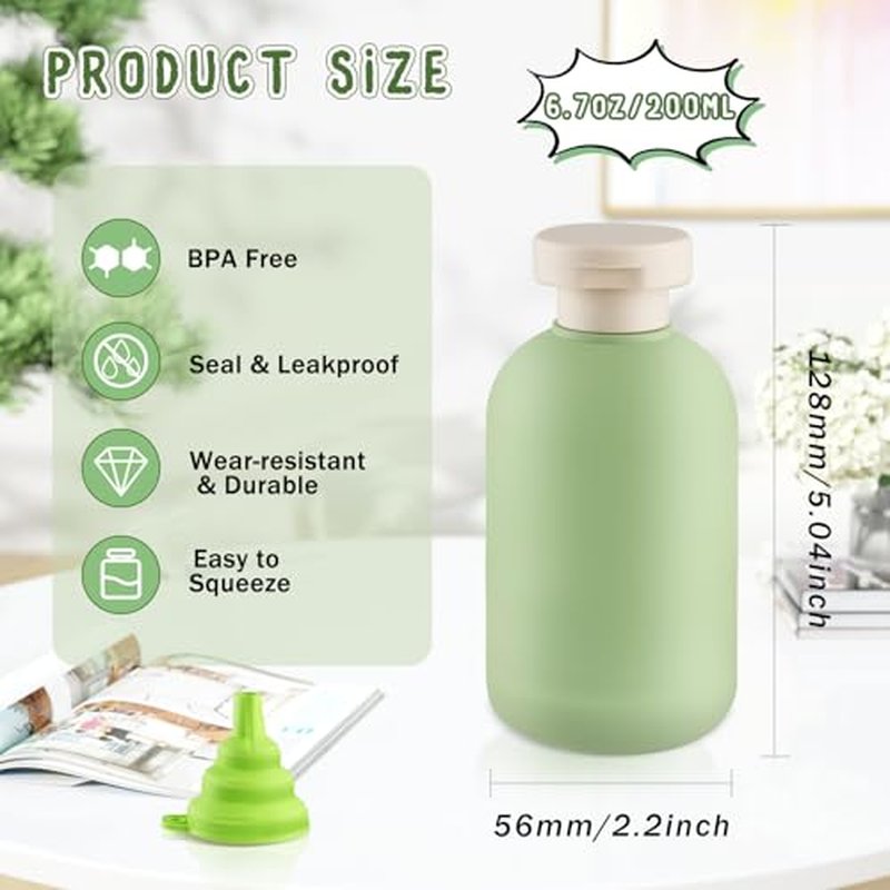 6 Pack 6.7 oz/200ml Plastic Travel Shampoo Bottle,Empty Refillable Squeeze Bottles with Flip Cap,Lotion Container for Cream,Toiletries,Conditioner-Free Silicone Funnel (Green)