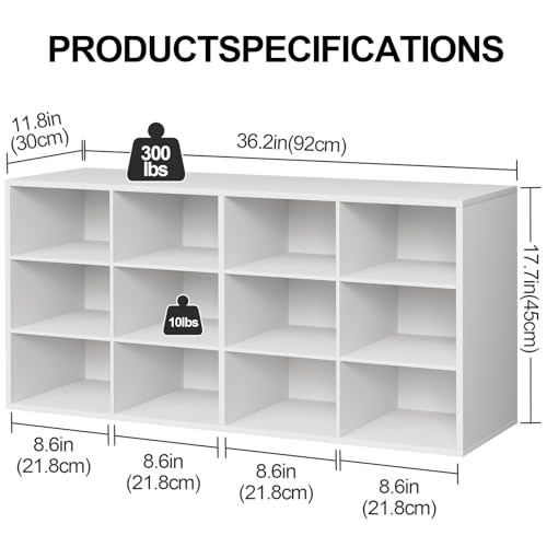 12-Cubby Shoe Rack 3-Tier Wood Organizer Bench - White, Multifunctional Entryway Storage