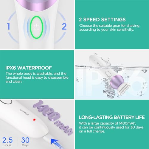 VOYOR Electric Razors for Women 4 in 1 Bikini Trimmer, Foil Shaver for Women 4 Replacement Heads for Body, Pubic Hair Trimmer, Cleansing, Massage 2 Adjustable Speeds Rechargeable Shaver ES501 (Purple)