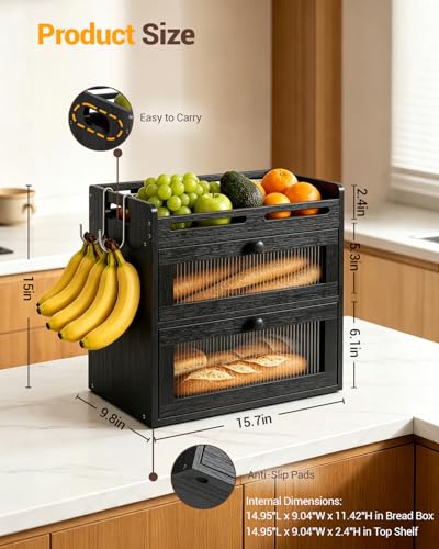 Black 2-Tier Bamboo Bread Box for Kitchen Countertop with Clear Doors