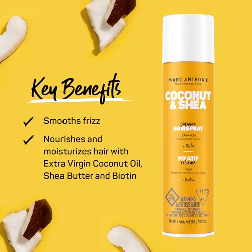 Marc Anthony Volumizing Hair Spray for Volume & Shine, Coconut & Shea - Long Lasting Anti-Humidity Flexible Hold Hairspray With No Flaking, Stiffness or Residue - Hair Styling Fights & Reduces Frizz