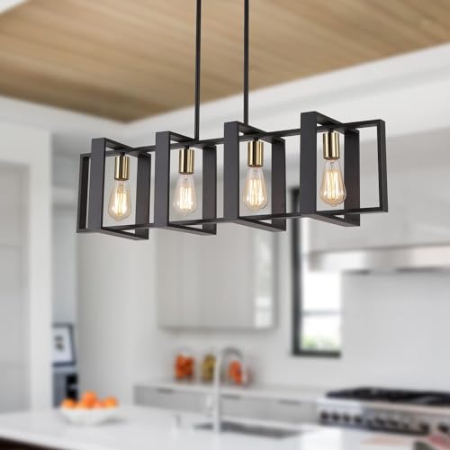 9MMML 35.4in Black Wood & Metal Kitchen Island Pendant Light 4 Lights, Adjustable Height