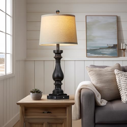 Black Vintage 29-Inch Tall Table Lamps Set of 2 with USB C & AC Outlets - Farmhouse Touch Nightstand Lamps