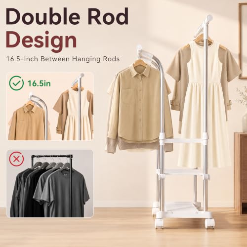Heavy-Duty Double Rod Rolling Clothes Rack with Shelves - Adjustable, 155 lbs Capacity