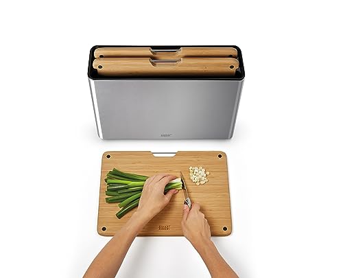 Bamboo Cutting Board Set with Stainless Steel Slim Case - 15"L x 3.4"W, Double-Sided, Non-Slip Feet