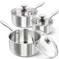 Full Tri-Ply Stainless Steel Saucepan Set with Lids - 1QT, 2QT, 3QT, Induction Compatible