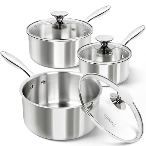 Full Tri-Ply Stainless Steel Saucepan Set with Lids - 1QT, 2QT, 3QT, Induction Compatible