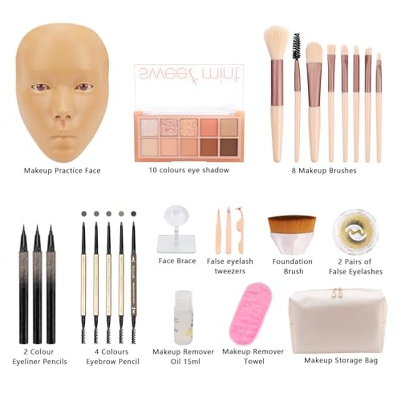 3D Makeup Practice Board - Silicone Face, Reusable Mannequin with Brushes & Eyebrow Pencils, Eyelashes, Bag & Remover Towel