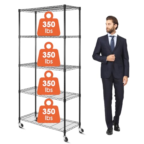 WDT 5-Tier Adjustable Wire Shelving Unit with Wheels - 36"D x 16"W x 75"H Storage Rack