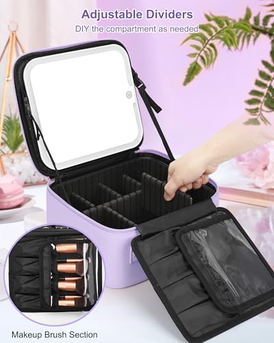 Relavel Personalized Initial Makeup Bag with LED Mirror - Purple, Monogram Cosmetic Train Case for Women & Girls - Variation C