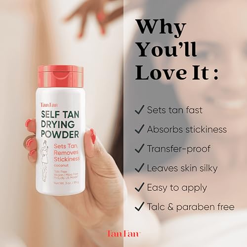 Tan Fan Self Tan Drying Powder Kit - Eliminates Sticky Self Tanner Feel -100% Vegan Natural Talc-Free Light w XL Soft Body Brush To Set Sunless Tanner For Smooth Silky Skin - Coconut 3oz USA Made