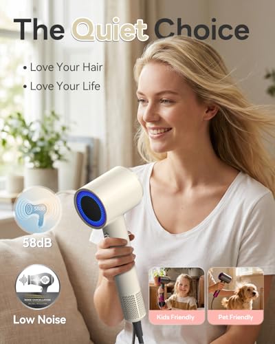 Ionic Hair Dryer with Diffuser & Nozzles - Fast Drying & Smart Heat Control (Milktea, 2 Nozzles)