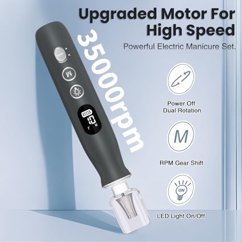 Electric Nail Drill, Cordless 2000 mAh Rechargeable Portable Nail File 12 in 1 Kit for Thick Toenails, 10 Speeds Nail Dril Machine Professional Manicure Pedicure for Hand Natural Nails Care (Grey)