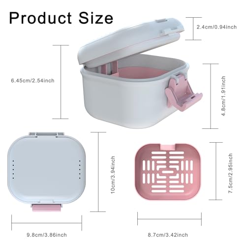 Denture Storage Case with Strainer - Leak Proof Portable Soaking Box, White & Pink