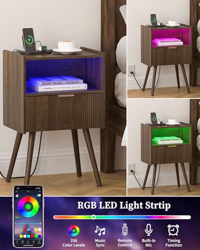 Walnut Brown Nightstand with Charging Station LED Lights Storage Drawer Open Shelf Modern Bedside Table