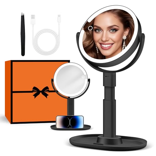 Black Double-Sided Lighted Makeup Mirror 30X Magnification - Rechargeable