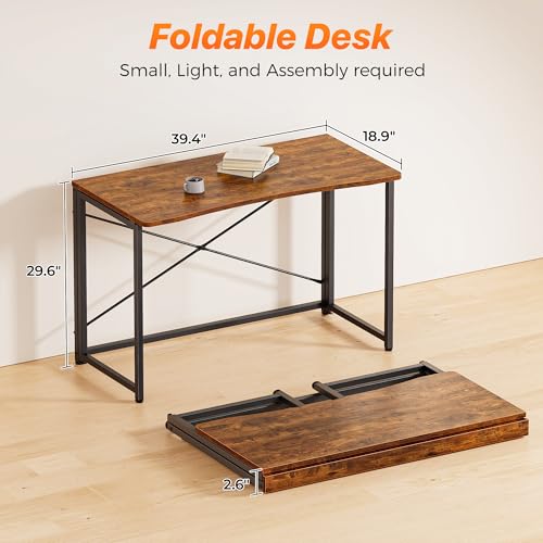 Huuger 39.4 Inch Foldable Computer Desk with Rustic Brown Finish - Compact Small Space Table