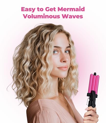 Farery Mini 3 Barrel Hair Waver - Pink Beach Wave Curling Iron for Short Hair, 1/2 Inch Ceramic Crimper, Travel Dual Voltage with Pouch