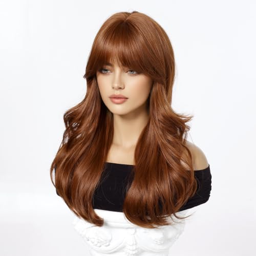Osicapea Auburn Wigs with Bangs for Women - Natural Wavy Curly 22 Inch Synthetic Wig for Cosplay & Daily Use