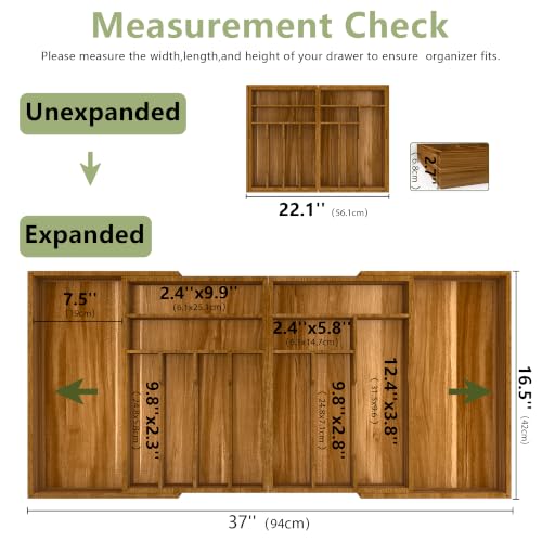 Extra Large Silverware Drawer Organizer - Expandable Acacia Wood, Brown / 22-37 Inches