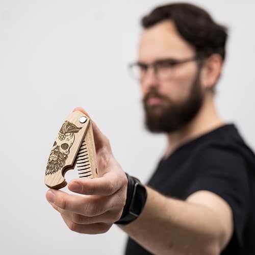 Wooden Beard Comb for Men - Folding Walnut Grooming Tool, Mustache & Hair Brush