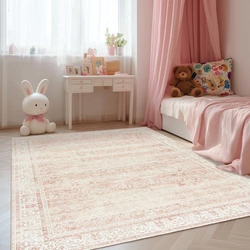 Pink 6x9 Boho Floral Bedroom Rug - Vintage Low Pile Area Rug for Nursery & Home